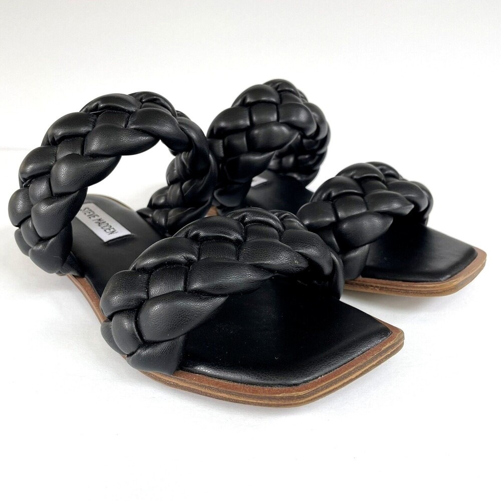 Steve Madden‎ Black Braided Flats Sandals Open Square Toe Slides Faux Leather